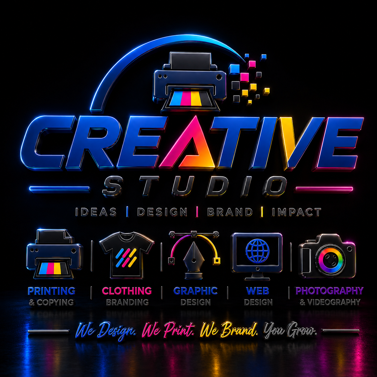 Logo for Creative Studio, offering printing, clothing branding, graphic design, web design, and photography services
